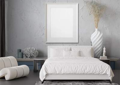 blank frame mockup in modern interior design with blue sideboardand and flowers on empty gray wall b Wall mural