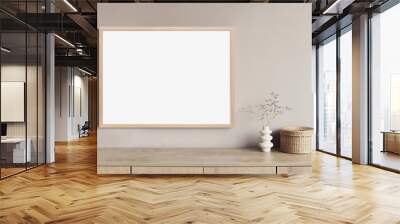 Blank picture frame mockup on gray wall. White living room design. View of modern scandinavian style interior with artwork mock up on wall. Home staging and minimalism concept Wall mural