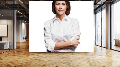 Businesswoman smiling portrait, young woman in white shirt standing confident with crossed arms isolated on white background, Beautiful student girl isolated transparent PNG  Wall mural