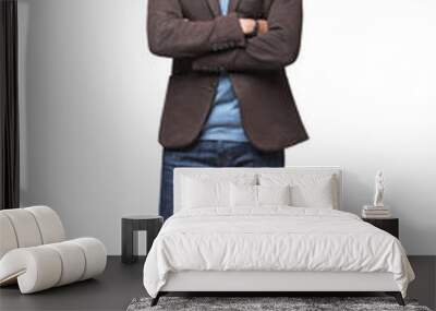 Cheerful businessman standing confident isolated in transparent PNG, Full length studio portrait of smiling young man with folded arms Wall mural