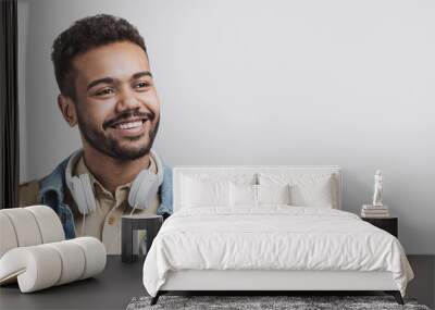 Closeup portrait of handsome smiling young man. Laughing joyful cheerful men isolated studio shot. Panoramic banner Wall mural