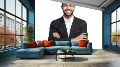 Portrait of handsome smiling young man with folded arms isolated transparent PNG, Joyful cheerful casual businessman with crossed hands studio shot Wall mural