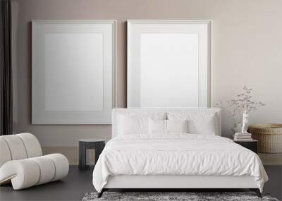 Two blank picture frames mockup on white wall. Templates for painting or poster. Living room interior design. View of modern rustic style interior with artwork mock-ups Wall mural