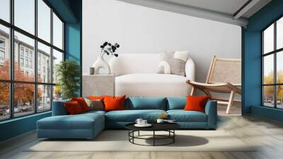 View of modern scandinavian style interior with sofa and trendy vase, Home staging and minimalism concept Wall mural