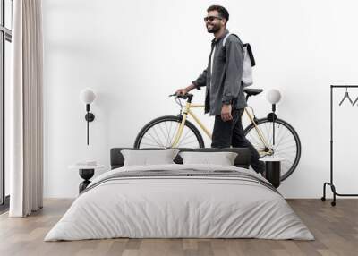 Young handsome man with bike isolated transparent PNG, Full length portrait of smiling student man with bicycle, Modern healthy lifestyle, travel, casual business concept Wall mural