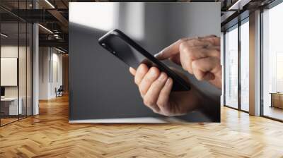 Young man using mobile phone indoors.	Male hands with smartphone at home closeup Wall mural