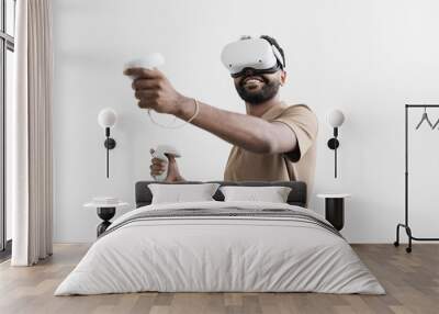 Young man using virtual reality headset at home, VR, future gadgets, technology, virtual event, education, study, learning, video game concept Wall mural