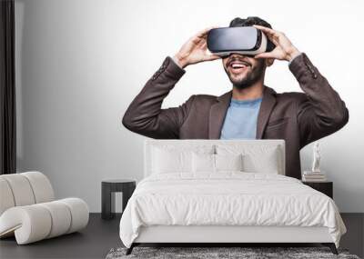 Young man using virtual reality headset isolated in transparent PNG, VR, future, gadgets, technology concept Wall mural