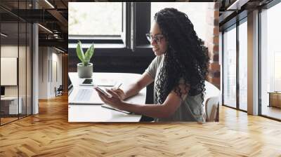 Young woman using laptop computer at office panoramic banner. Student girl working at home. Work or study from home, freelance, business, lifestyle concept Wall mural