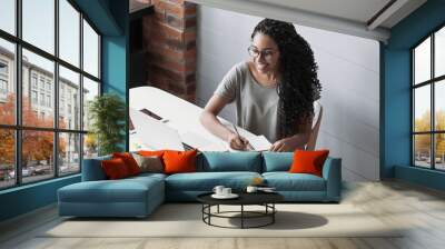 Young woman using laptop computer at office panoramic banner. Student girl working at home. Work or study from home, freelance, business, lifestyle concept Wall mural