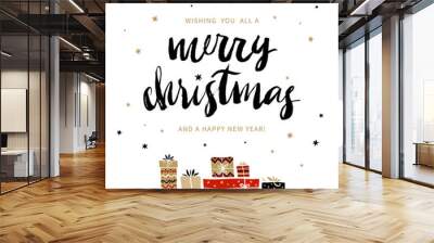 Christmas gift tag with calligraphy. Handwritten modern brush lettering: Merry Christmas, Happy Holidays, New Year, Cheers. Hand drawn design elements. Wall mural