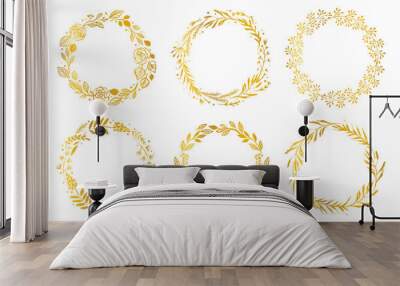 Gold flower wreaths. Hand drawn design elements. Floral pattern vector illustration. Wall mural