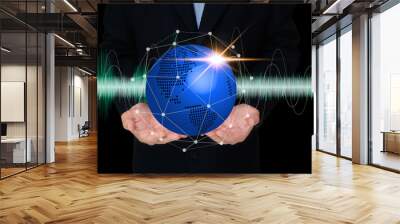 business man support the 3D or hologram, concept of abstract image communication network, cyber security, internet of things and future life. Wall mural