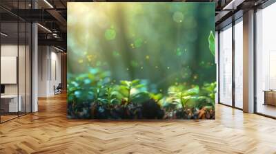 A single seedling emerging in a forest with an upward financial graph in the background, financial prosperity concept, clear and vibrant, highquality, detailed image. Wall mural