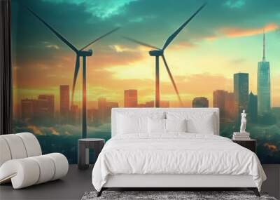 A vibrant skyline featuring wind turbines against a colorful sunset, representing renewable energy and urban development. Wall mural