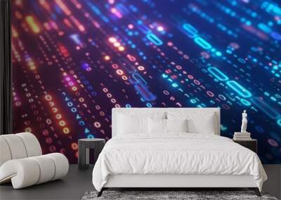 Abstract background with glowing, colorful dots and lines in a futuristic digital style, creating a dynamic and vibrant visual effect. Wall mural