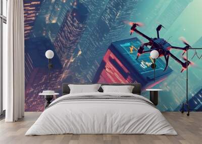 Aerial view of a drone flying over a futuristic cityscape, highlighting technology and innovation in urban environments. Wall mural