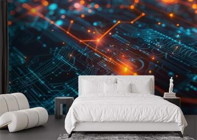 Close-up of futuristic technology circuit board with glowing orange and blue lights, showcasing high-tech innovation and digital advancement. Wall mural