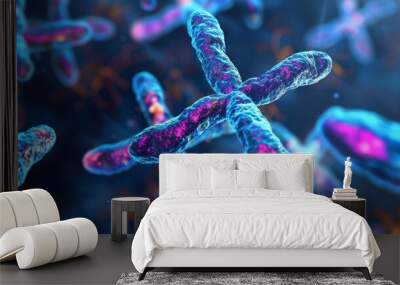 Detailed 3D rendering of chromosomes with vibrant colors, illustrating genetics and molecular biology in a scientific concept. Wall mural