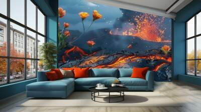 Detailed image of flowers blooming on an active volcano, high realism, volcanic eruption, vibrant resilience, lava and flowers Wall mural