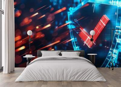 Futuristic digital shield symbolizing cybersecurity and data protection with dynamic red and blue elements in a tech background. Wall mural