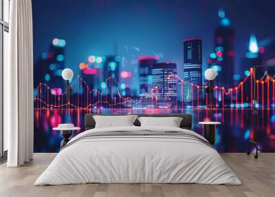 Futuristic financial district skyline, neon lights symbolizing business growth and innovation Wall mural