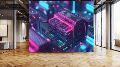 Futuristic neon-lit server farm with glowing blue and pink lights, representing advanced technology and data processing in a cyber environment. Wall mural