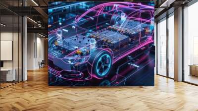 Futuristic transparent electric car model showcasing internal components and advanced technology on a holographic interface. Wall mural