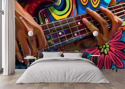 Hands plucking bass guitar, colorful patterned background, studio lighting, realistic and highly detailed Wall mural