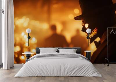 Mysterious figure in a mask and hat, surrounded by flickering candlelight, creating an eerie yet captivating ambiance. Wall mural