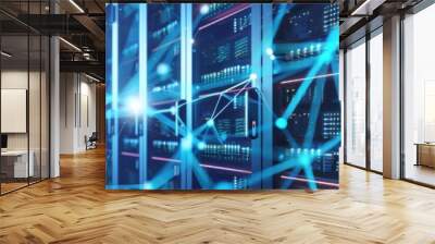 Server racks in data center interconnected with futuristic blue network lines, representing modern digital communication and technology. Wall mural