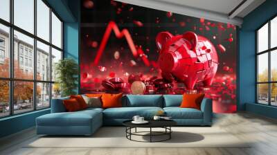 Shattered piggy bank, coins rolling out, red falling financial graph, flat design, front view, monetary loss theme, 3D render, Complementary Color Scheme Wall mural