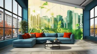 Sustainability icons representing green building features, environmental design theme, front view, highlighting ecofriendly elements, digital tone, colored pastel Wall mural