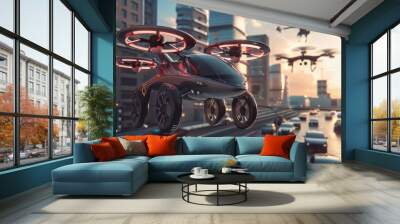 Urban air mobility concept, showing the use of flying cars and drones for personal and cargo transport low texture Wall mural