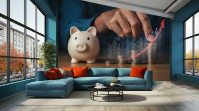 saving money wealth and financial investment concept.coins stack with pink piggy bank background. Wall mural