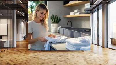 A beautiful woman happily folding clothes in a modern laundry room, surrounded by soft and clean laundry items, enjoying the experience Wall mural