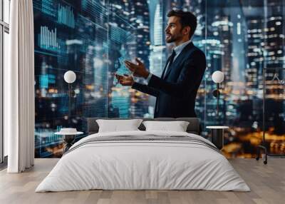 A businessman presenting ideas for team in a high-tech office, surrounded by transparent walls with city views, focused on AI-driven business strategies and professional growth. Wall mural