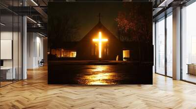 A church at night with a cross bathed in light from behind, the glow symbolizing a miraculous presence. Wall mural