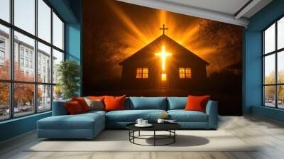 A church with a cross radiating light from behind, casting a divine glow over the night, creating a scene of miraculous awe. Wall mural