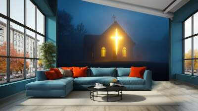 A church with a cross shining from behind, the light piercing through the night sky, creating an atmosphere of divine miracle. Wall mural