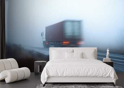 A transport truck captured speeding through a foggy morning, with motion blur to highlight its speed and determination in ensuring timely deliveries Wall mural