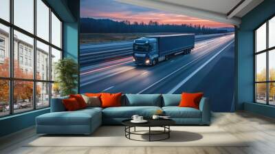 A transport truck on an empty highway at dawn, motion blur creating a sense of speed and early morning hustle, focusing on efficiency and reliability Wall mural