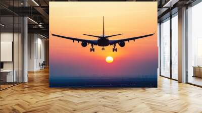 An airplane in flight, silhouetted against the rising sun, soaring into the clear early morning sky on a new adventure Wall mural