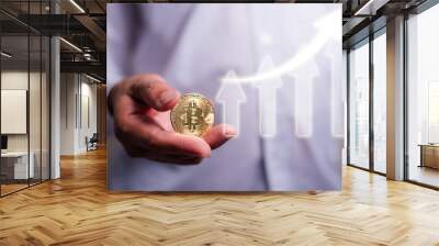 Businessman's hand holding a gold Bitcoin. Make money with bitcoin, digital currency money investment concept, blockchain transfer. Wall mural