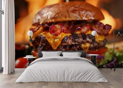 Close-up of a burger with bacon and cheese, with fire in the background adding to the grilling atmosphere Wall mural