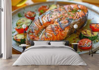 Close-up of grilled salmon steak with vegetables on a plate Wall mural