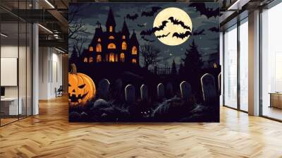 Dark Halloween night scene with a pumpkin zombie crawling out of a graveyard, bats circling a full moon, and a haunted mansion silhouetted against the dark sky Wall mural