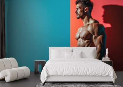 Fit man with a strong body and a focused mind, solid color background ideal for gym flyers that promote total body and mind wellness Wall mural