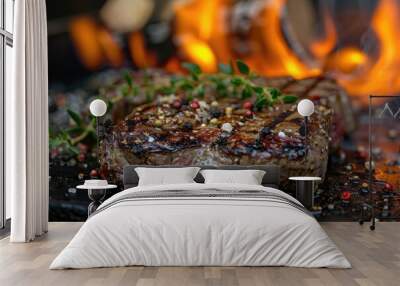 Grilled beef steak with intense fire, close-up shot Wall mural