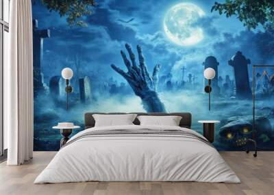 Haunting Halloween night scene with a zombie hand emerging from the ground, surrounded by fog and gravestones, with the full moon casting an eerie glow on the graveyard Wall mural